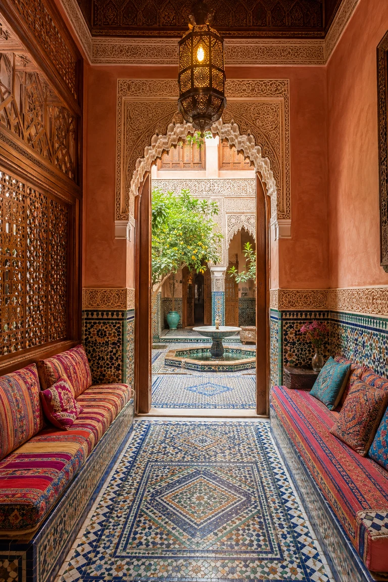 Moroccan riad salon with low textile-covered banquettes, carved cedar screens, warm tadelakt, intricate zellige, and a fountain courtyard beyond.