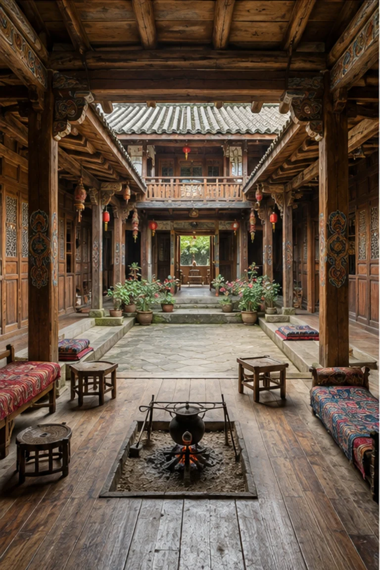 People-free photorealistic vertical Mosuo courtyard house at Lugu Lake with notched-log wings around a bright court, grandmother’s hearth room, carved posts, low benches, painted chests, woven rugs, ritual shelf, ceramics, and clear highland daylight.