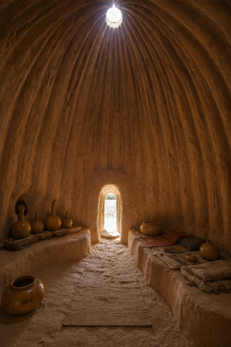 Photorealistic vertical Musgum obos interior in northern Cameroon with a soaring hand-built earthen dome, visible modelled ribs, low doorway, tiny high vent, sleeping platform, woven mats, baskets, calabashes, clay jars, and controlled Sahel daylight.