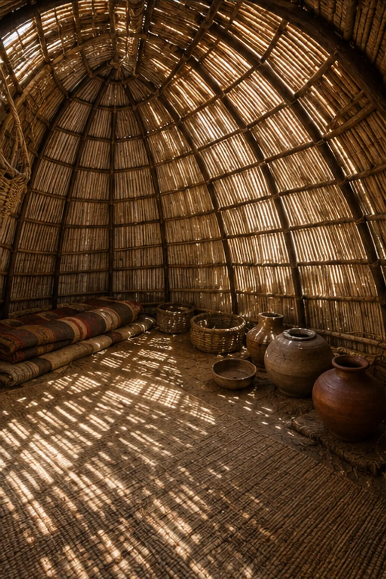 Photorealistic vertical Nama matjieshuis in Namaqualand with a bent-branch dome clad in woven reed mats, visible fibre lashings, sleeping rolls, low stools, baskets, clay vessels, a small hearth, and striped desert daylight filtering through the skin.