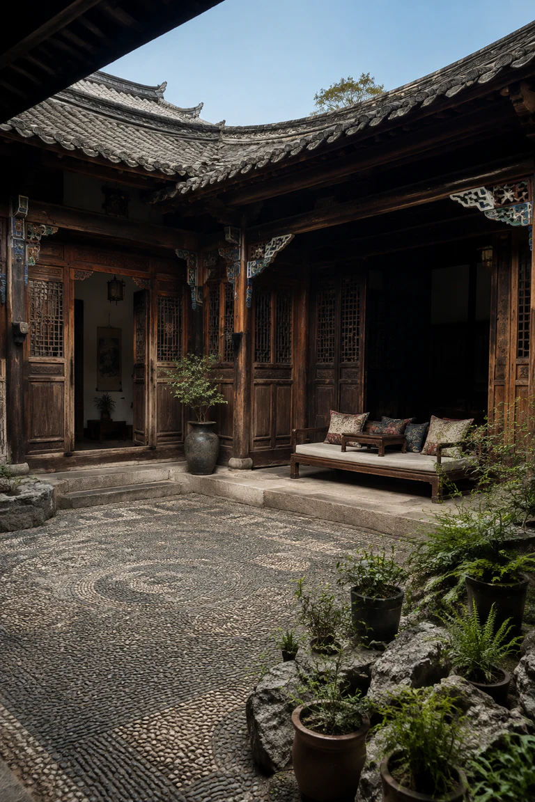 Photorealistic vertical Naxi three-bay courtyard room in Lijiang with a dark timber frame, carved doors, painted beam ends, pebble-mosaic court, low daybed, embroidered cushions, ceramics, and highland daylight beneath deep tiled eaves.