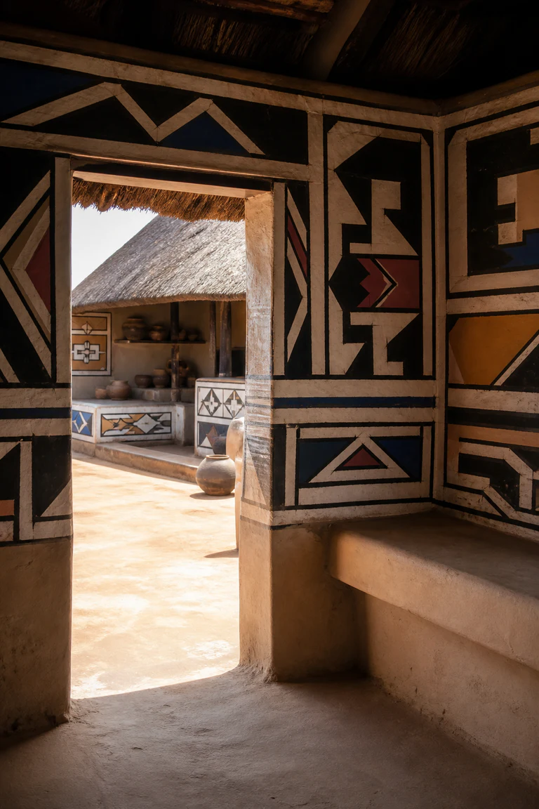 Photorealistic vertical view from an Ndebele room into a highveld courtyard with authentic black, white, cobalt, and red geometric wall painting, an earthen floor, built-in clay bench, vessels, and domestic service spaces beyond.