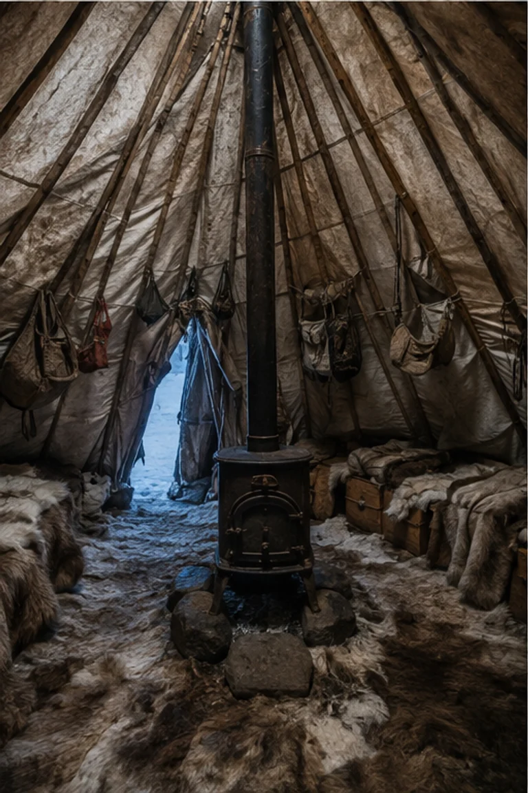 People-free photorealistic vertical Nenets chum on the Yamal tundra with steep radiating poles, layered reindeer-hide cover, central iron stove, fur bedding, low boards, storage bags, cooking vessels, and blue-white Arctic light at the entrance.