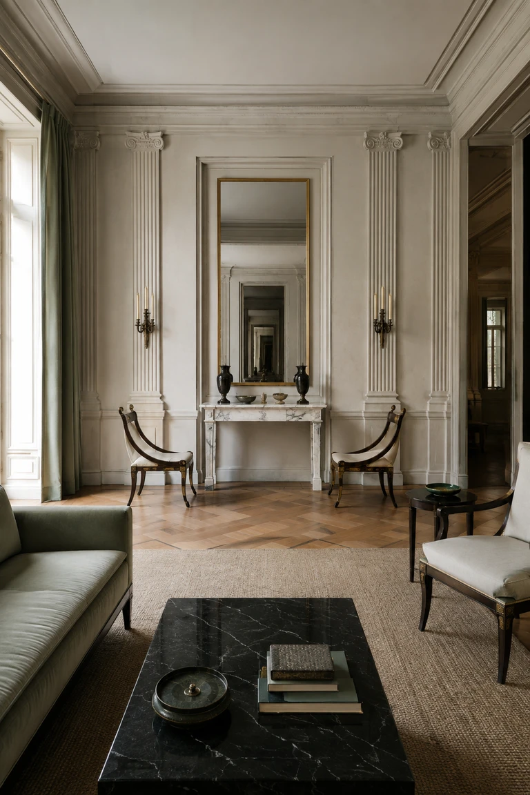 Neoclassical salon with axial symmetry, fluted pilasters, pale plaster, parquet, paired klismos chairs, bronze details, and a marble console.