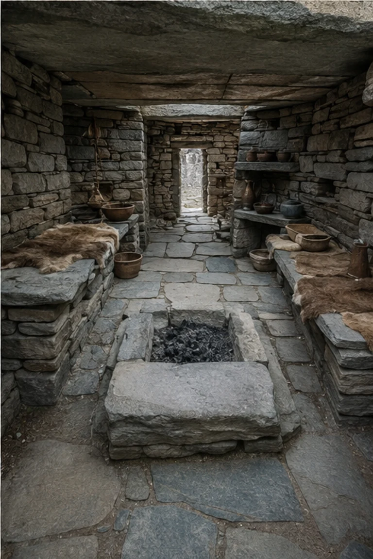 People-free photorealistic vertical Neolithic Orcadian house with thick flagstone walls, central slab hearth, fitted stone beds and shelves, symmetrical stone dresser, hide bedding, Grooved Ware pottery, baskets, and grey light entering through a low passage.