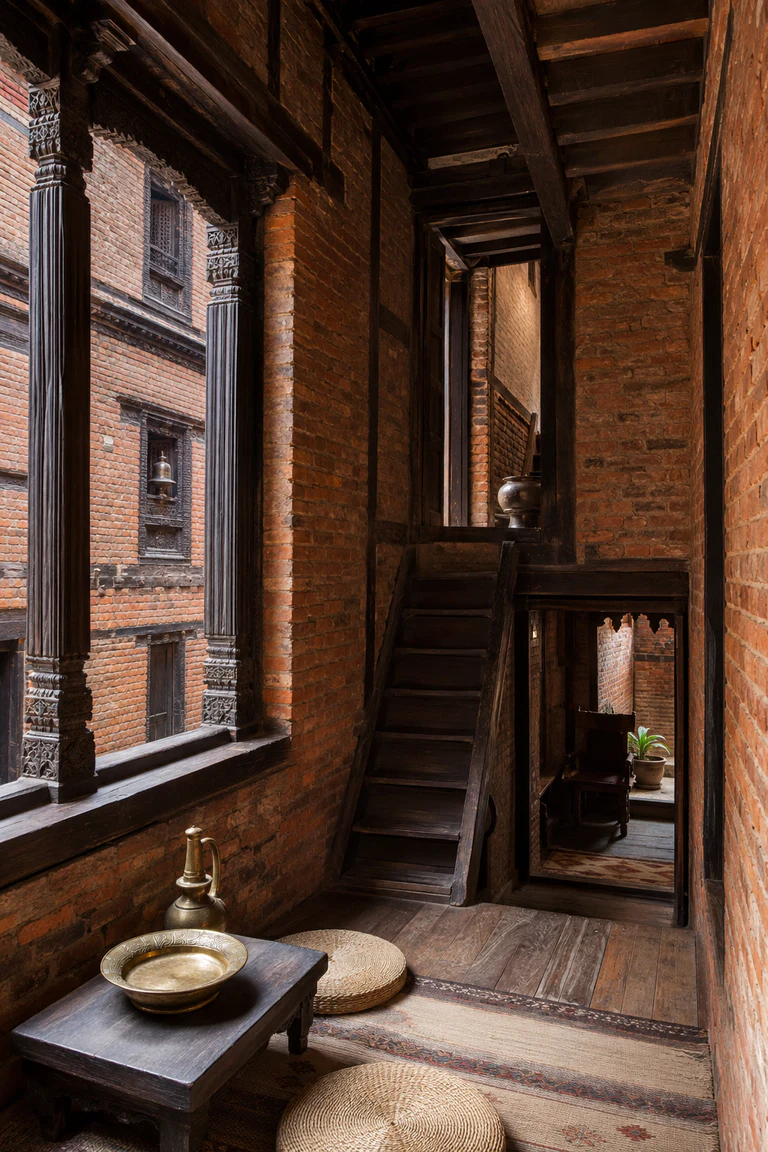 Photorealistic vertical Newar townhouse interior in the Kathmandu Valley with exposed brick, carved timber windows and beams, a steep stair, low seating, brass vessels, woven cotton, and softened courtyard daylight.
