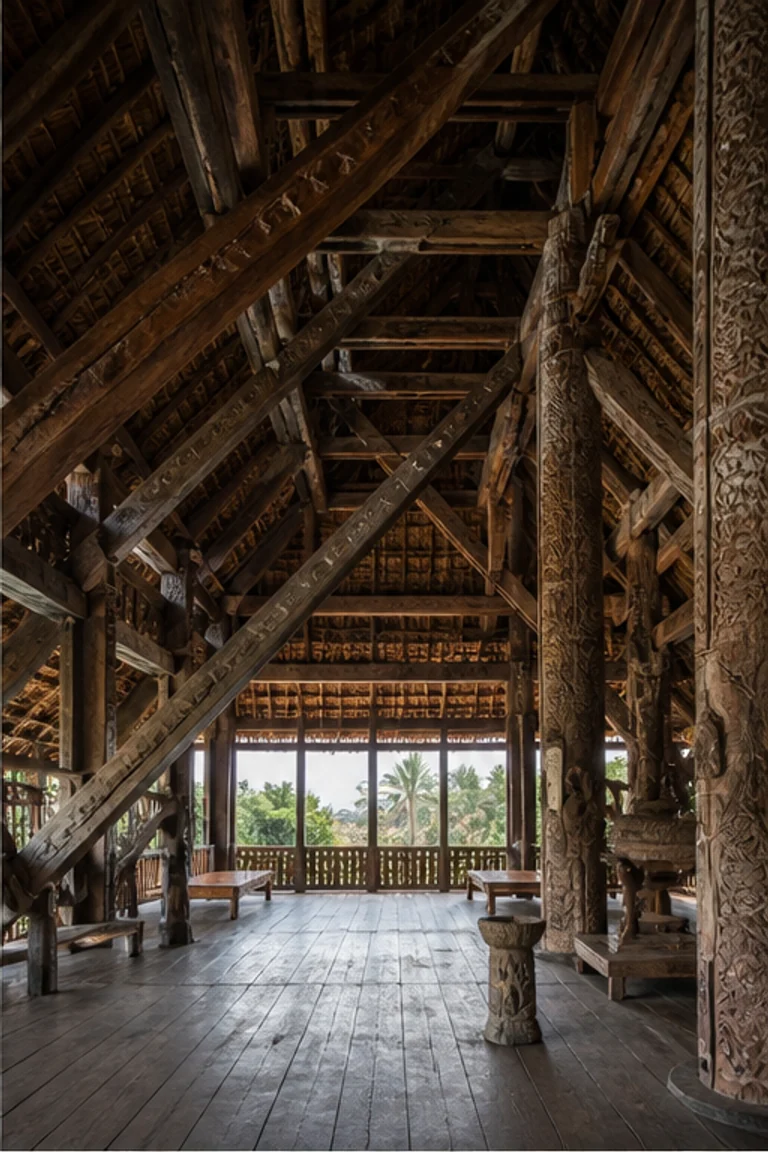 Photorealistic vertical South Nias omo sebua with an immense hardwood structural cage and diagonal braces, raised chiefly reception hall, long benches, low tables, woven mats, carved members, and equatorial daylight from a broad front opening beneath a soaring roof.