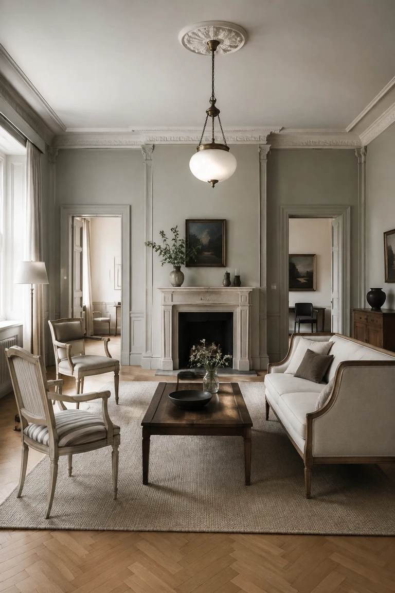 Nordic Classicist salon with pale grey-green walls, simplified pilasters, birch parquet, limestone hearth, restrained chairs, and an opal pendant.