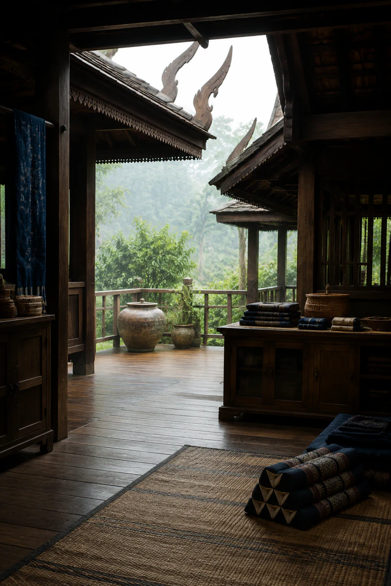 Photorealistic vertical Northern Thai Lanna house with paired raised teak room blocks around an open terrace, carved kalae above, woven sleeping mats, low cabinets, indigo cotton, clay water jars, deep eaves, and misty garden light.