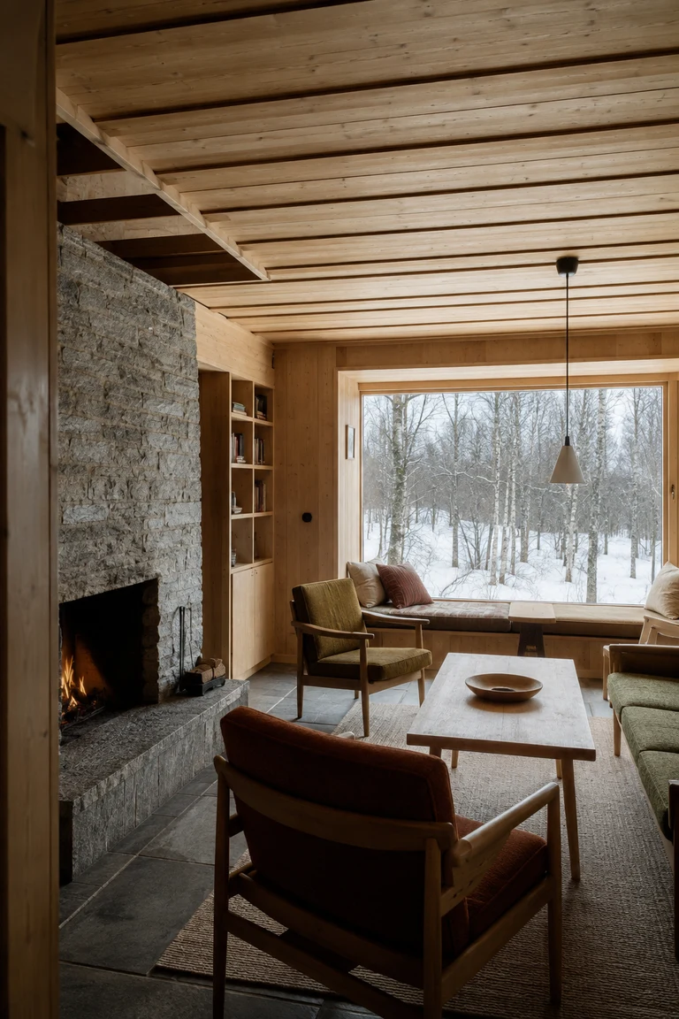 Norwegian modern cabin with pale pine walls and ceiling, a rough fieldstone hearth, low wool seating, built-in joinery, and a broad window framing snowy birch woodland.