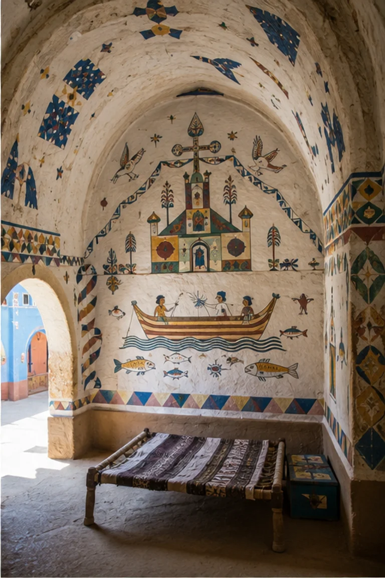 Photorealistic vertical Nubian house on the Upper Nile with vaulted mudbrick rooms, a painted arched threshold, vivid geometric, botanical, boat, and pilgrimage murals, built-in bench, woven bed, baskets, enamelware, and bright courtyard-reflected light.