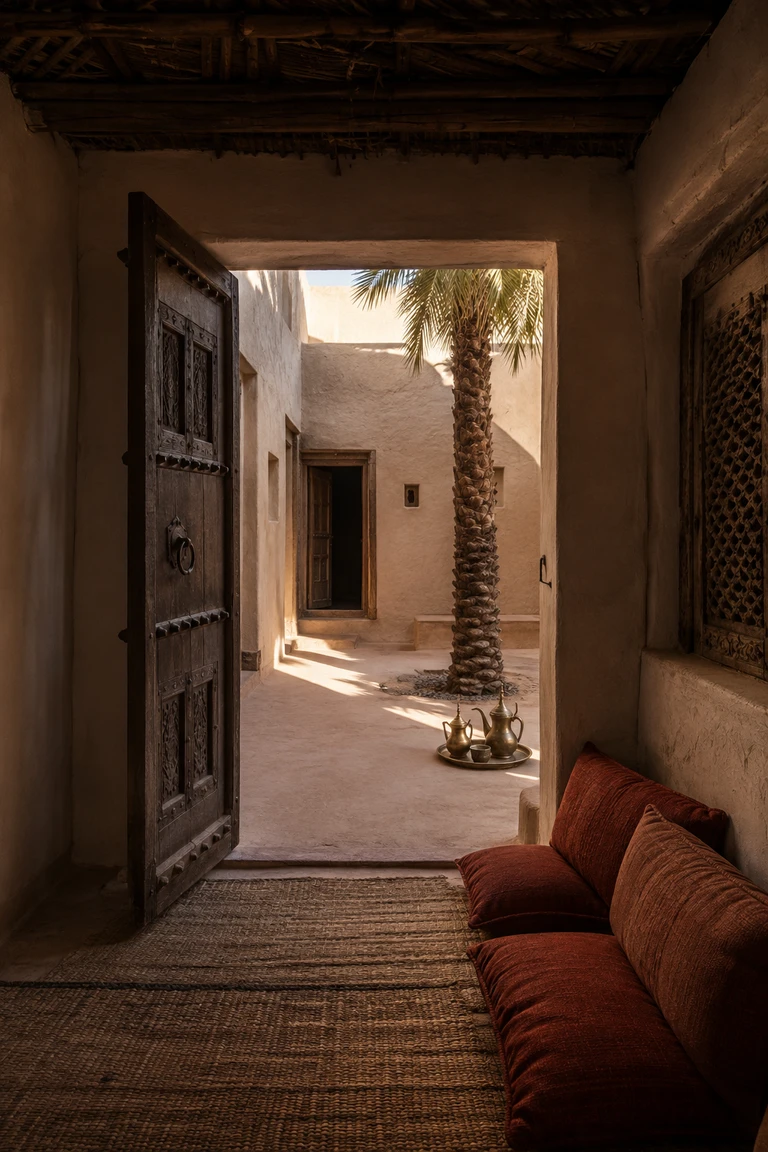 Traditional Omani majlis opening to a shaded earthen courtyard with a carved timber door, palm-beam ceiling, rust-coloured floor cushions, woven mats, brass coffee vessels, and a single date palm.