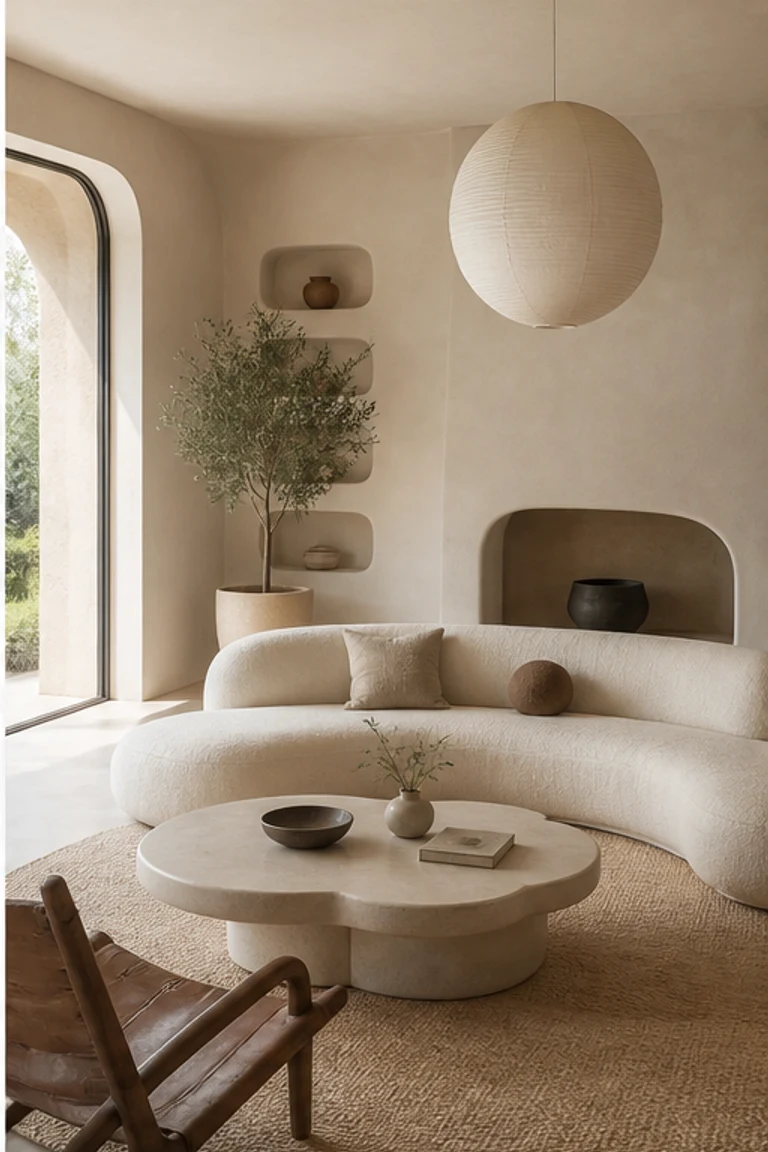 Organic modern living room with curved seating, neutral plaster, and sculptural natural materials.