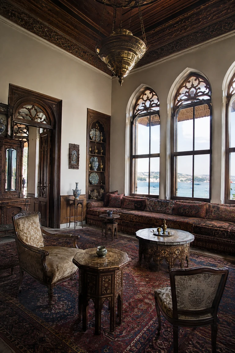 Late Ottoman domestic salon with a long patterned divan, carved timber ceiling and arched windows, inlaid tables, European chairs, layered carpets, ceramics, and a brass pendant.