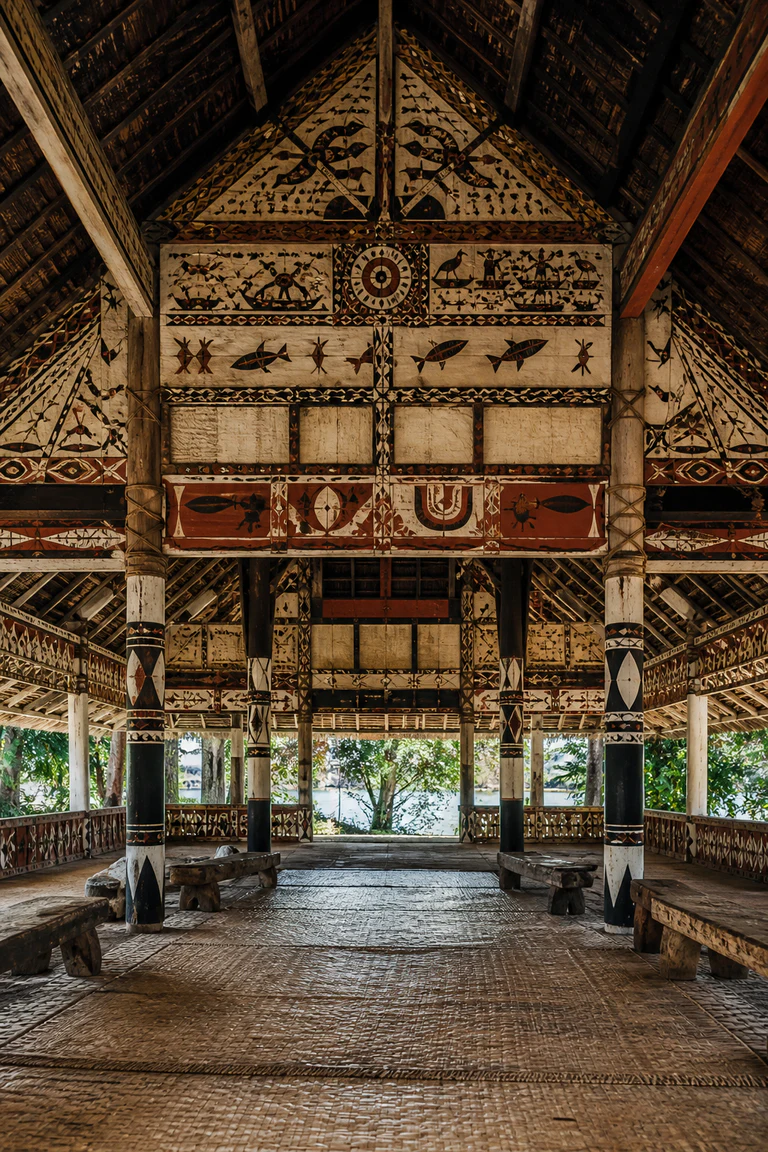 Photorealistic vertical Palauan bai with a high timber frame, painted storyboards across beams and gables in ochre, black, white, and red, lashed joinery, woven mats, low benches, open tropical sides, and humid lagoon light.