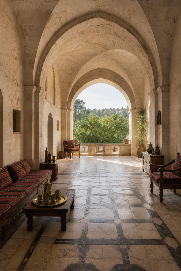 Photorealistic vertical late Ottoman Palestinian liwan with limestone cross vaults, a central sitting hall, arched opening to an orange-grove balcony, olive-wood furniture, woven cushions, embroidered linen, and brass coffee service.