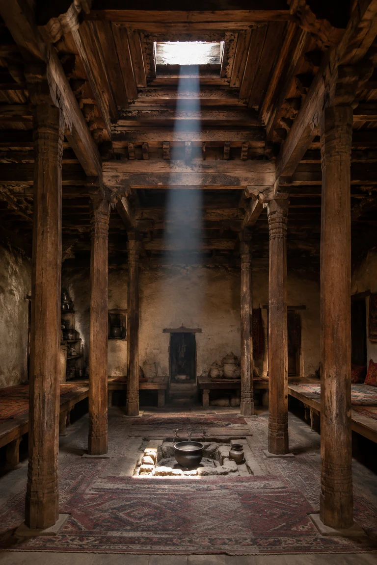 Photorealistic vertical Pamiri chid with five precisely placed timber columns, a stepped four-tier roof converging on a square chorkhona skylight, raised platforms, central hearth, woven rugs, storage niches, and one geometric shaft of mountain light.