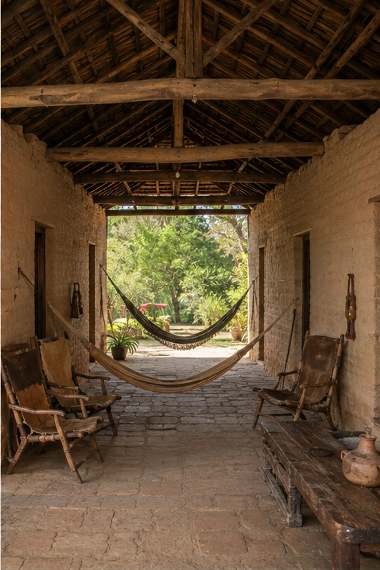 Photorealistic vertical Paraguayan kuláta jovái with two adobe room blocks facing across a broad roofed breezeway, timber posts, clay tile, hammocks, rawhide chairs, long table, pottery, and warm garden light entering through both open ends.