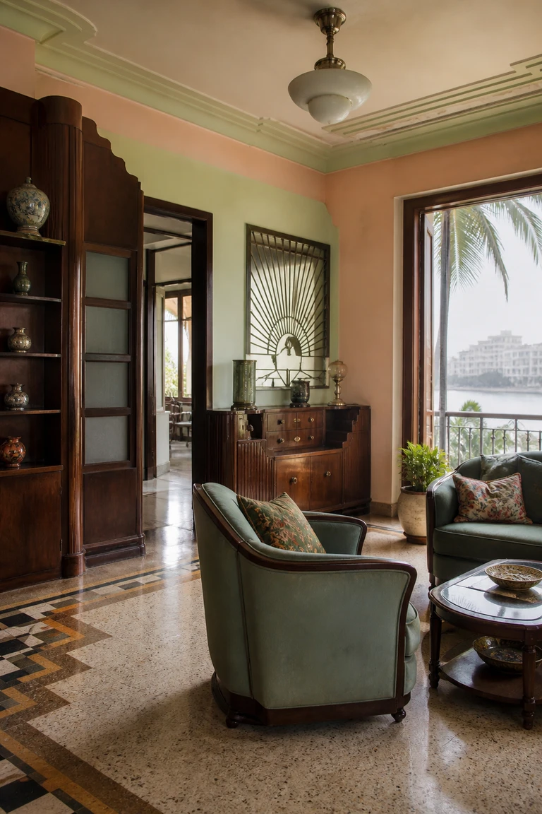 Parsi Art Deco Mumbai salon with sea-green and peach walls, scalloped teak cabinetry, curved seating, terrazzo border, sunburst grille, opal light, and tropical balcony.