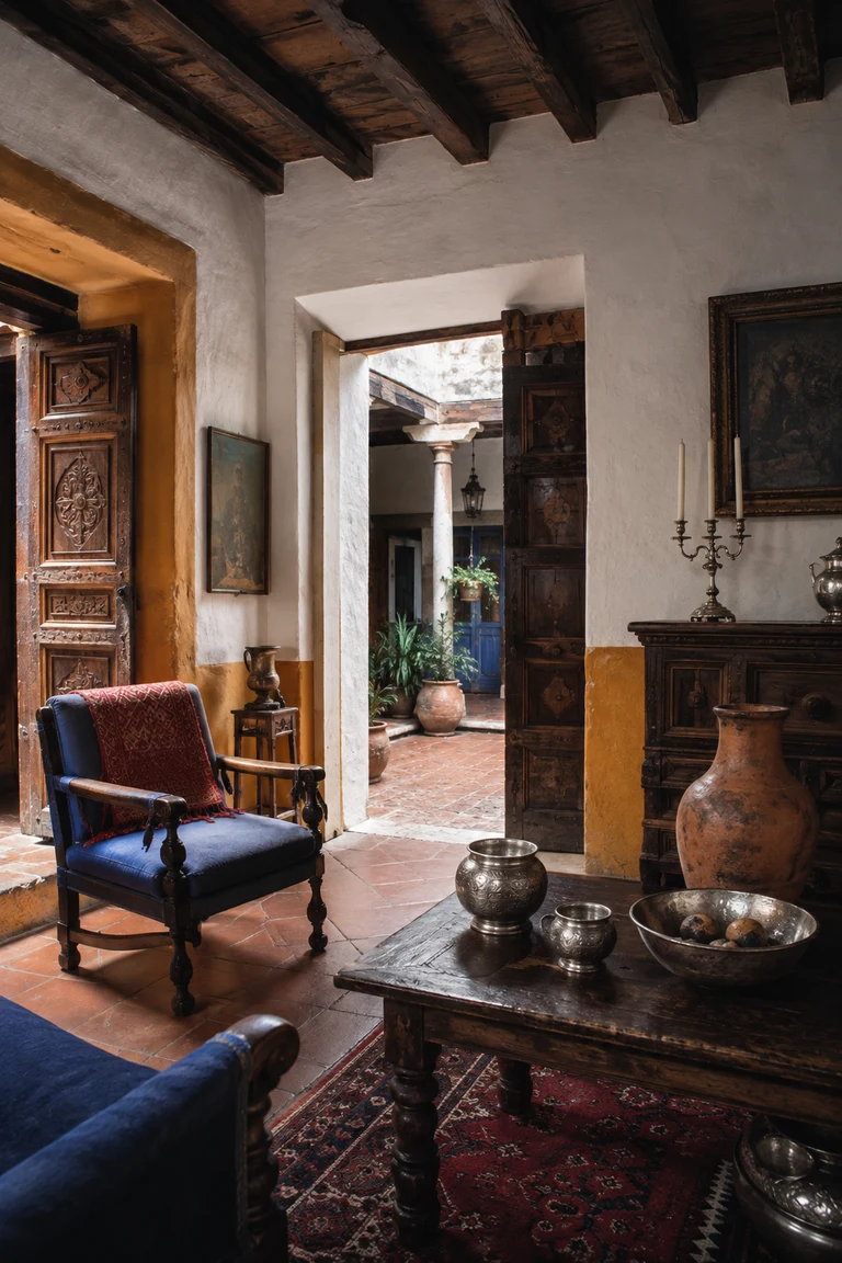 Peruvian colonial courtyard salon with ochre and white plaster, carved cedar doors, terracotta, dark wood furniture, cochineal and indigo textiles, ceramics, and hammered silver.