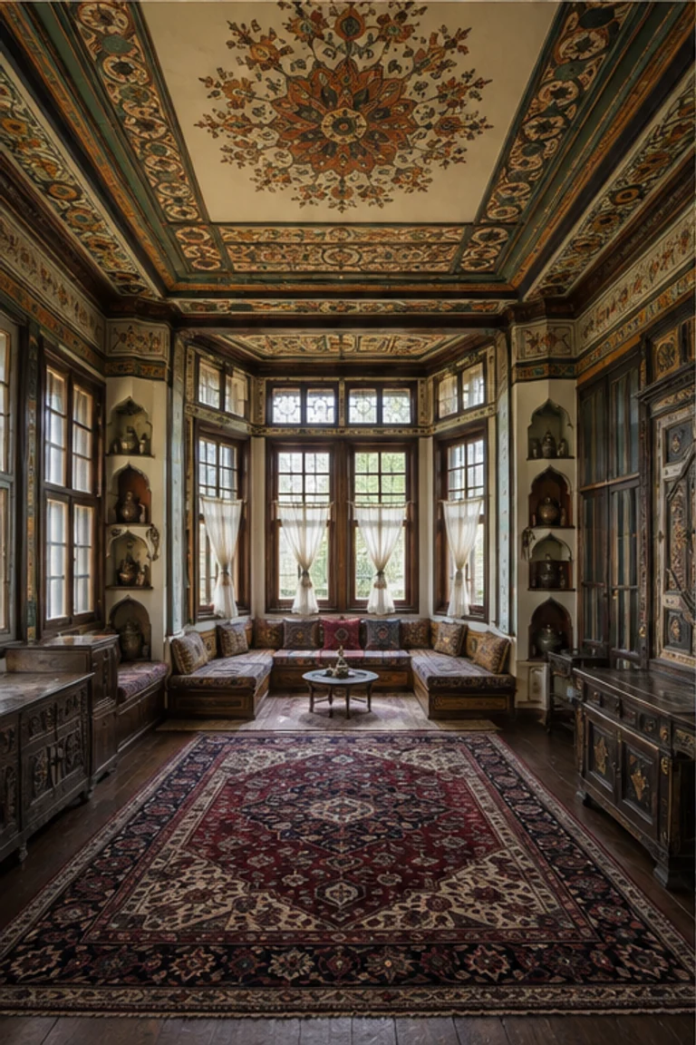 People-free photorealistic vertical Plovdiv Revival merchant salon with symmetrical bay windows, polychrome floral ceiling, pale plaster, perimeter divans, carved cupboards, low tables, patterned rugs, niches, and clear Balkan daylight.