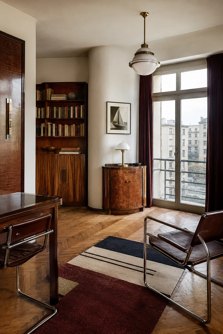 Polish interwar modernist apartment with cream rounded walls, lustrous walnut veneer cabinets, tubular chrome-and-leather chairs, herringbone parquet, geometric rug, opal lighting, and a city balcony.