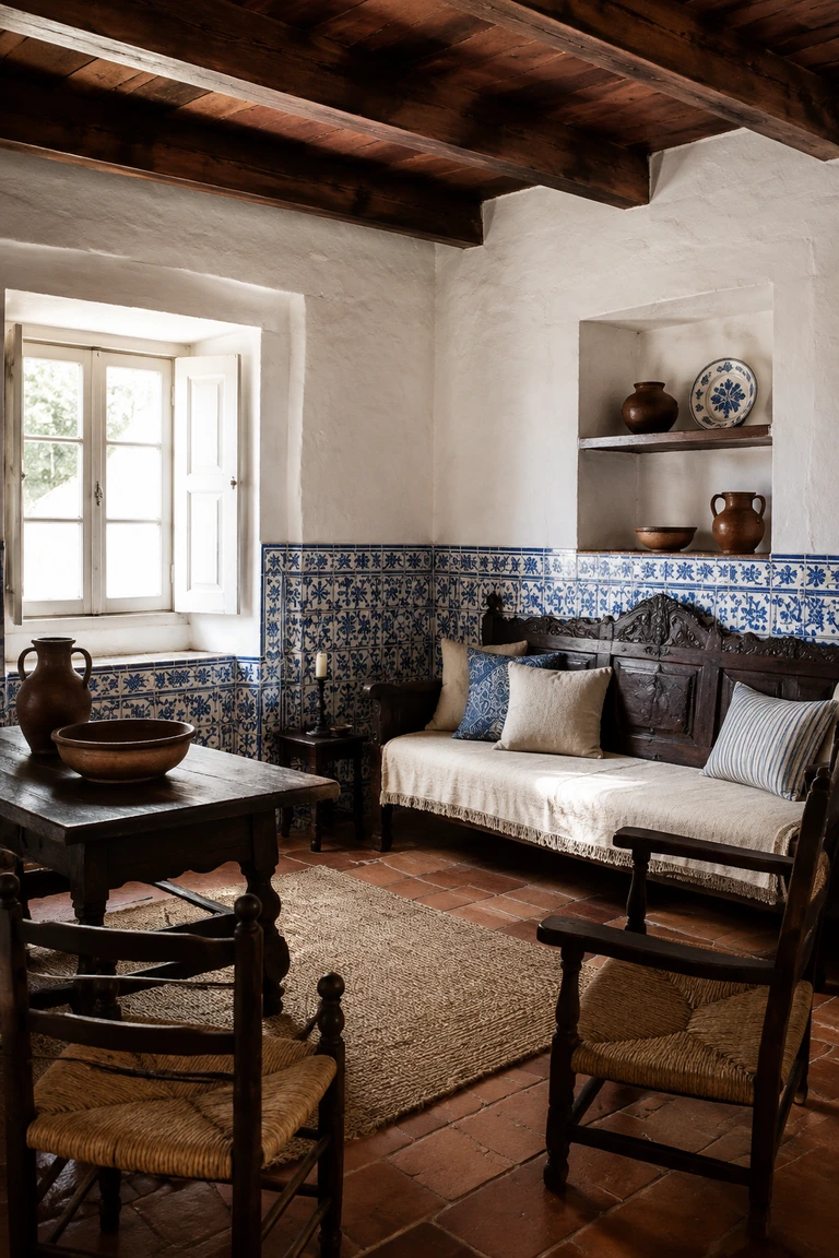 Portuguese vernacular living room with blue-and-white azulejo tile, limewashed walls, terracotta floor, chestnut beams, and dark carved timber seating.