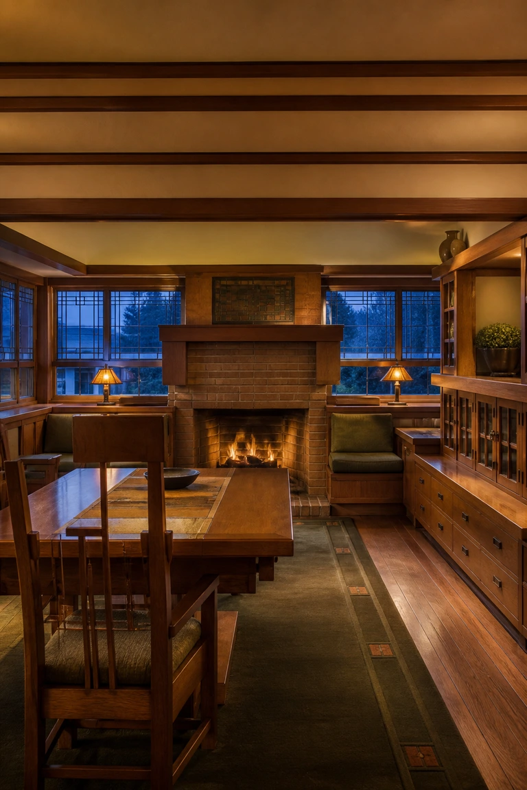 Prairie School living room centred on a low hearth with horizontal oak lines, integrated seating, and geometric art glass.