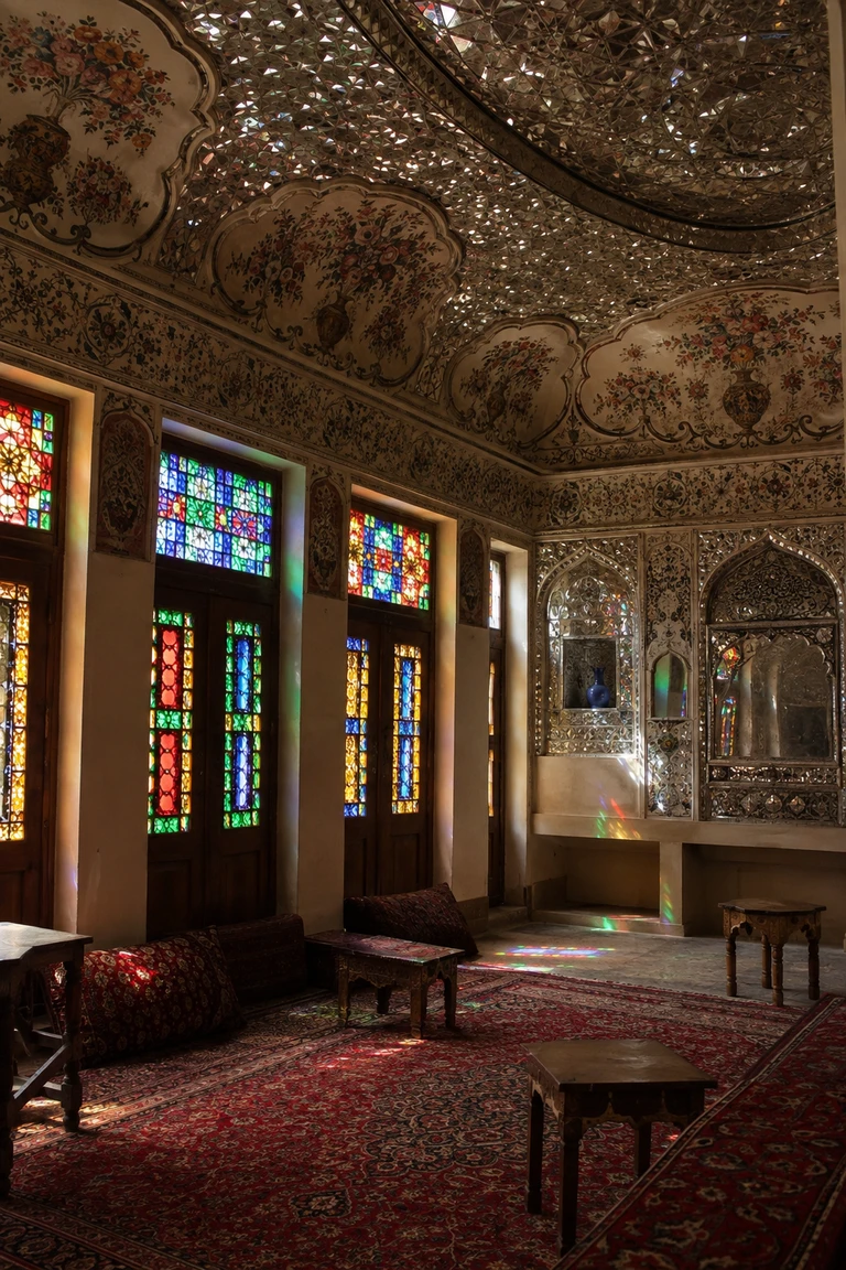 Domestic Qajar reception salon with a restrained faceted mirror ceiling, floral painted plaster, coloured-glass orosi windows, deep red carpets, low seating, and walnut tables in jewel-toned daylight.