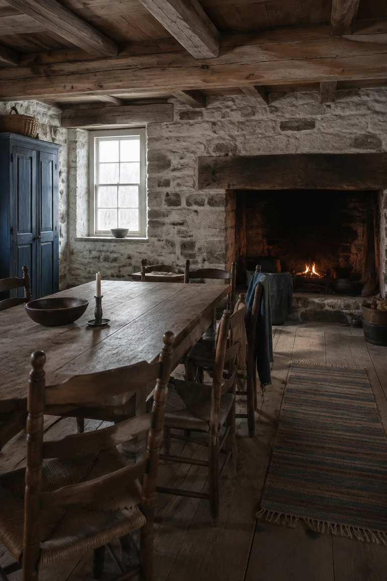 Photorealistic vertical early nineteenth-century Québécois stone farmhouse room with deep window reveals, large cooking hearth, exposed pine joists, plank table, ladder-back chairs, homespun wool, blue-painted cupboard, and snow-reflected winter light.