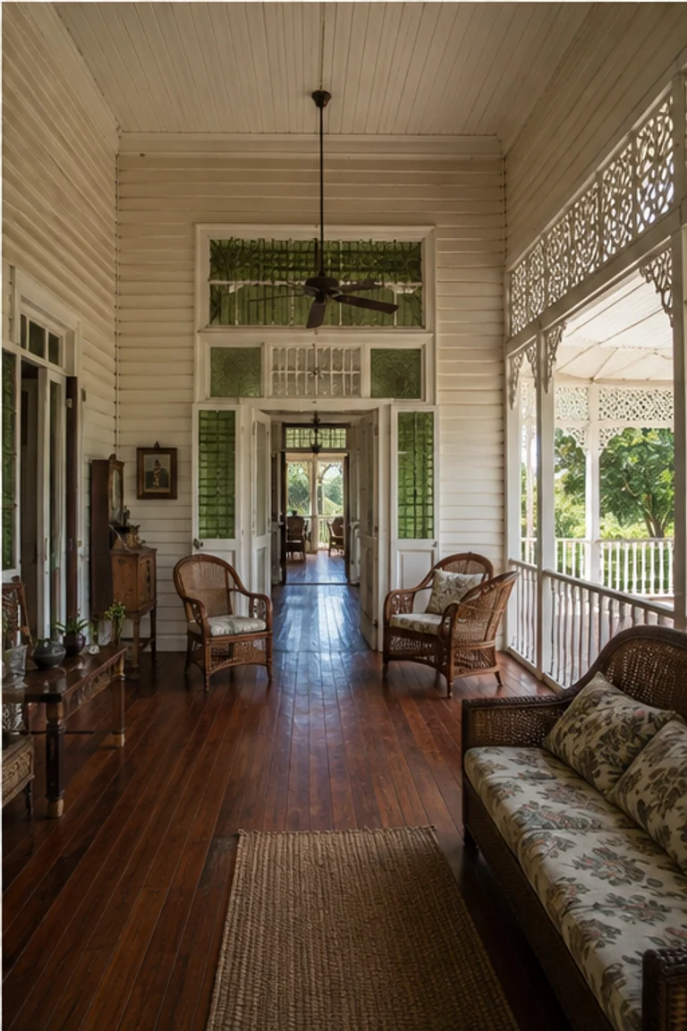 Photorealistic vertical early Queenslander interior with elevated timber floor, high tongue-and-groove walls, central hall, aligned fanlights and doors opening to a broad veranda, cane chairs, timber table, linen, fretwork, and humid subtropical daylight.