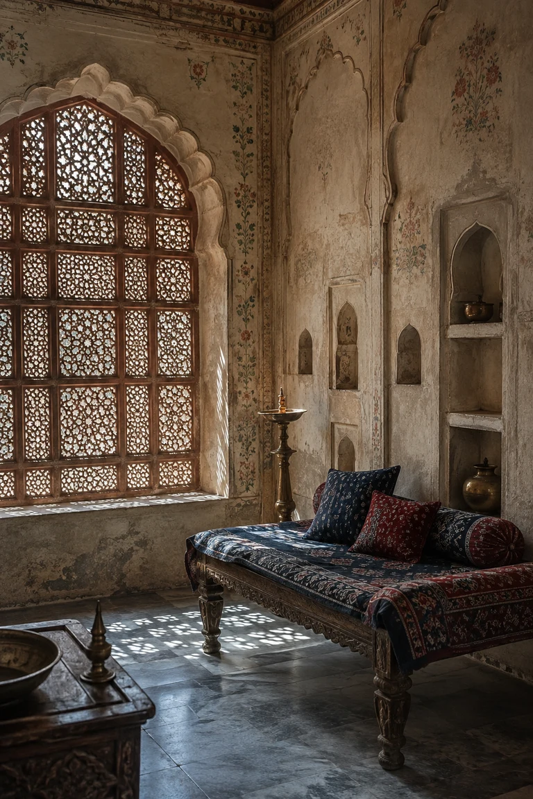 Rajasthani haveli salon with carved sandstone jali, faded floral fresco, arched niches, a low timber daybed, indigo and madder textiles, brass lamp, and patterned light.
