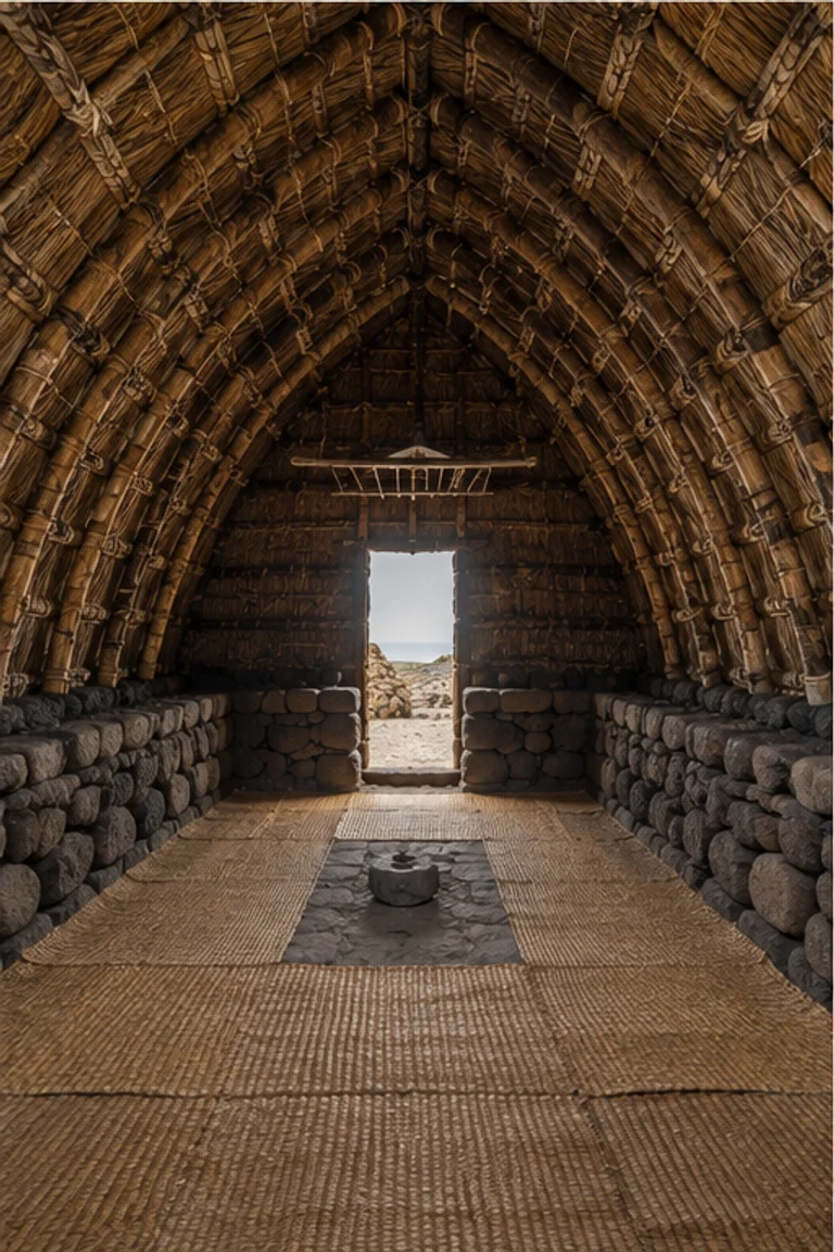 Photorealistic vertical archaeological reconstruction of a Rapa Nui hare paenga with an elongated boat-shaped basalt footing, low arched reed-and-thatch roof, single narrow entrance, sleeping mats, baskets, carved tools, and intense Pacific daylight outside.