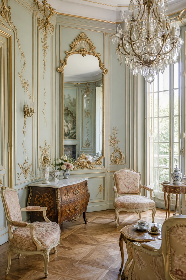 Airy Rococo salon with pale mint boiserie, gilded shellwork, a tall mirror, chandelier, and cabriole furniture.