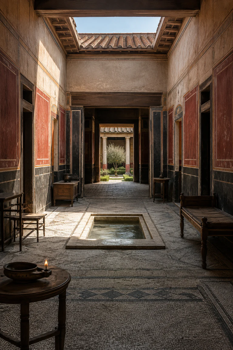 Photorealistic vertical reconstruction of a Pompeian Roman domus looking from the vestibule through an atrium and impluvium to the tablinum and planted peristyle, with red and black fresco, worn mosaic, marble, timber doors, and a bronze lamp.