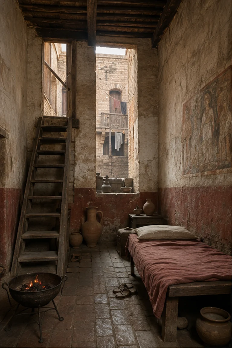 People-free photorealistic vertical Roman insula apartment with brick-faced walls, compact rented room above a street taberna, narrow timber stair, simple painted plaster, portable bed, stools, chest, brazier, amphorae, and light from a shared court.