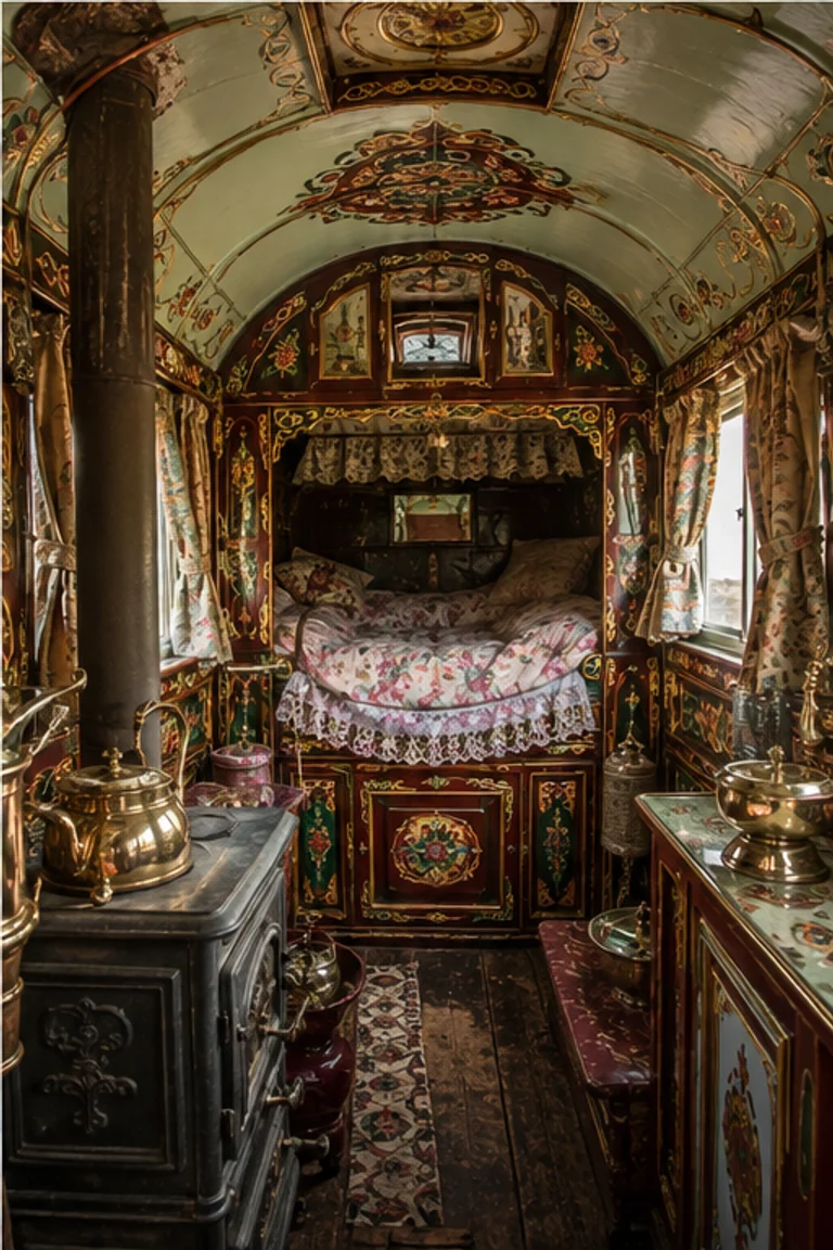 Photorealistic vertical nineteenth-century Romani vardo interior with a narrow aisle, raised built-in bed, compact iron stove, carved and painted timber cabinets, floral textiles, lace, mirrors, polished brass fittings, and jewel-like daylight from small windows.