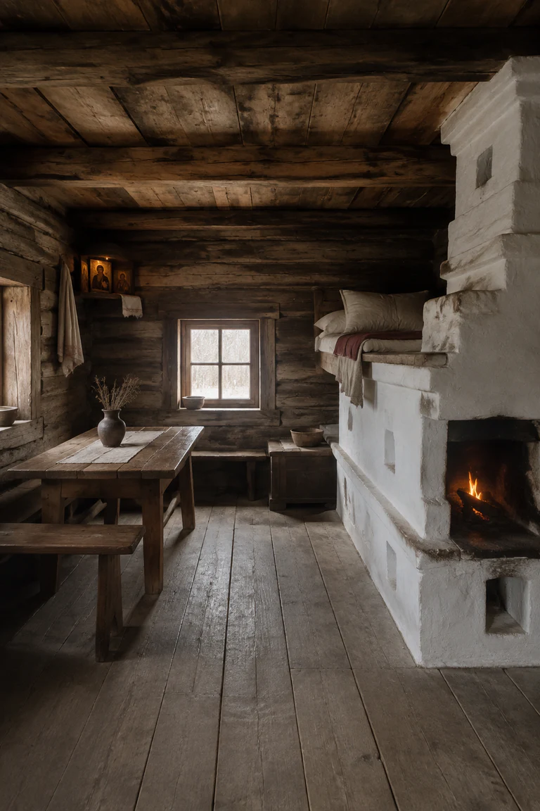 Photorealistic vertical Russian izba with a massive white masonry pech stove and sleeping ledge, red-corner icon shelf, scrubbed plank floor, built-in benches, timber table, linen textiles, and a small frost-bright window.