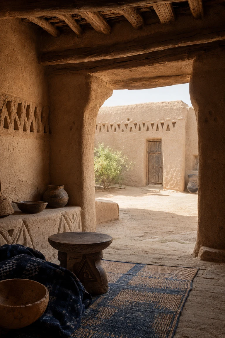 Sahelian courtyard interior with massive ochre earthen walls, a deeply shaded sculpted portal, low woven furniture, indigo cloth, pottery, and warm reflected desert light.