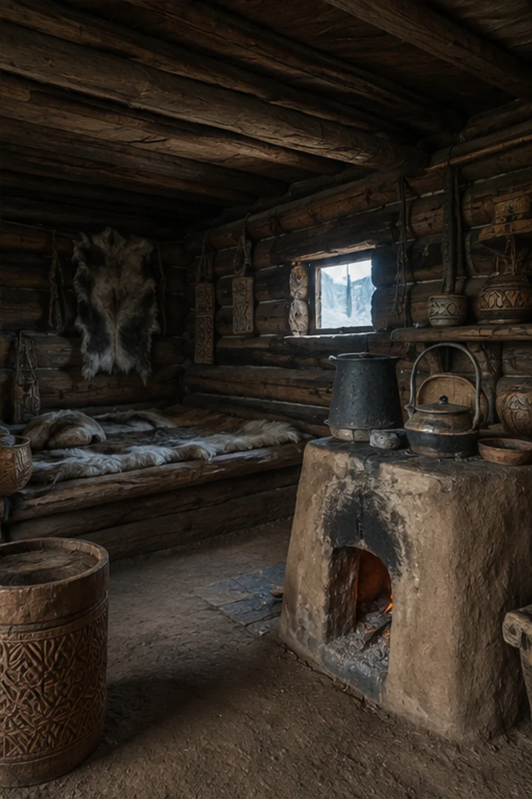 People-free photorealistic vertical Sakha balagan with earth-banked larch-log walls, low smoke-darkened ceiling, clay hearth, raised sleeping platforms, fur bedding, carved vessels, birch-bark containers, chests, and blue Siberian window light.