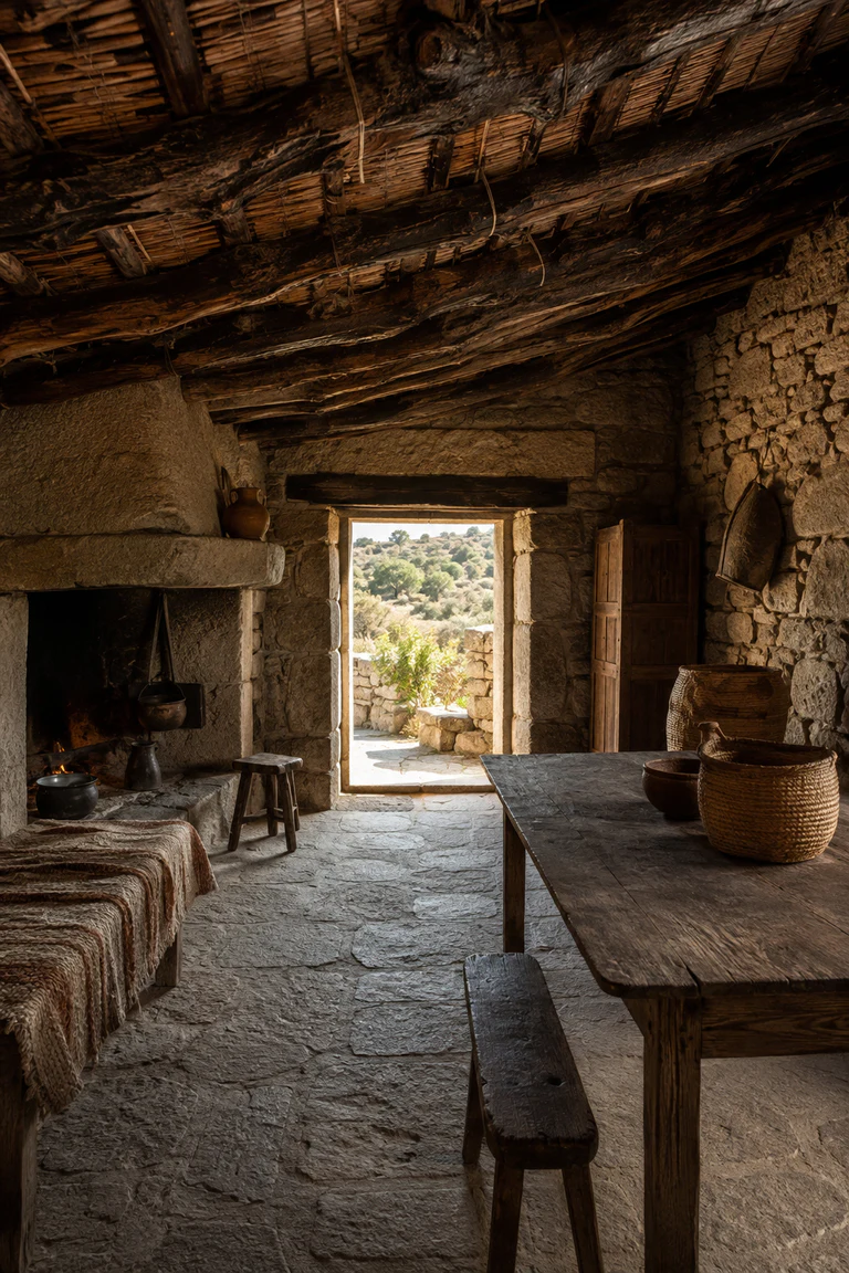 Photorealistic vertical Sardinian stazzo in Gallura with a single deep granite room, juniper beams, cane-and-tile roof, broad cooking hearth, chestnut table, woven wool, cork vessels, and doorway opening to sunlit scrub and dry-stone walls.
