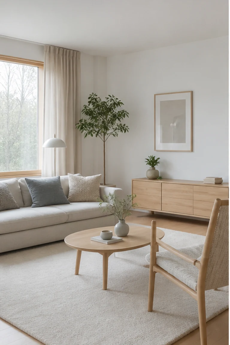 Light Scandinavian living room with pale oak furniture, neutral textiles, and soft daylight.