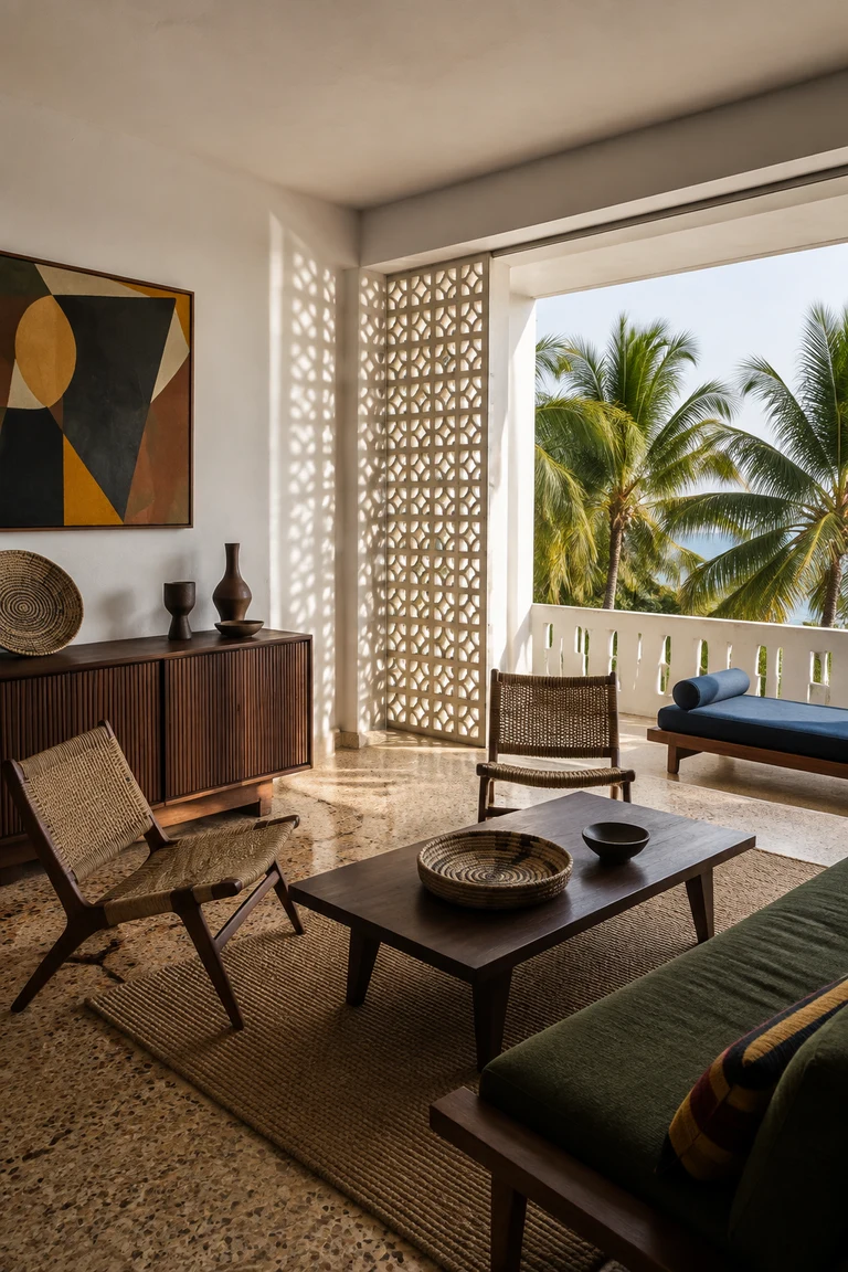 Senegalese coastal modernist room in Dakar with white concrete frame, patterned breeze-block shade, warm terrazzo, dark timber cabinet, woven chairs, indigo seating, abstract art, and palms beyond.