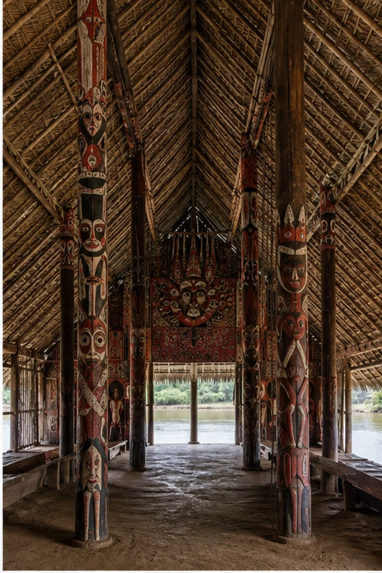 People-free photorealistic vertical Sepik haus tambaran with soaring sago-palm gable, long central floor, monumental carved ancestor posts, painted bark panels in red, ochre, black and white, woven mats, fibre objects, and humid river light.