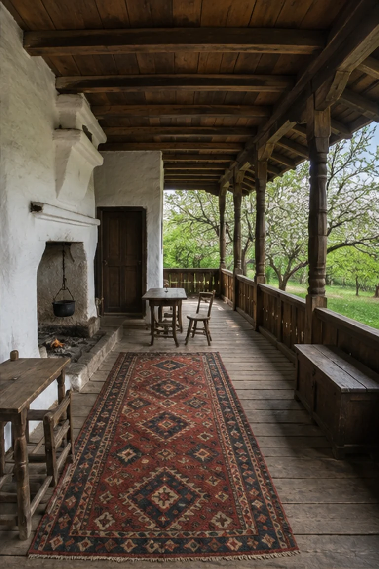 Photorealistic vertical Serbian Morava house with a lime-plastered central hearth room opening to a deep timber doksat porch, oak boards, low table, painted chest, kilim, ceramic vessels, and soft orchard daylight under a hipped tile roof.