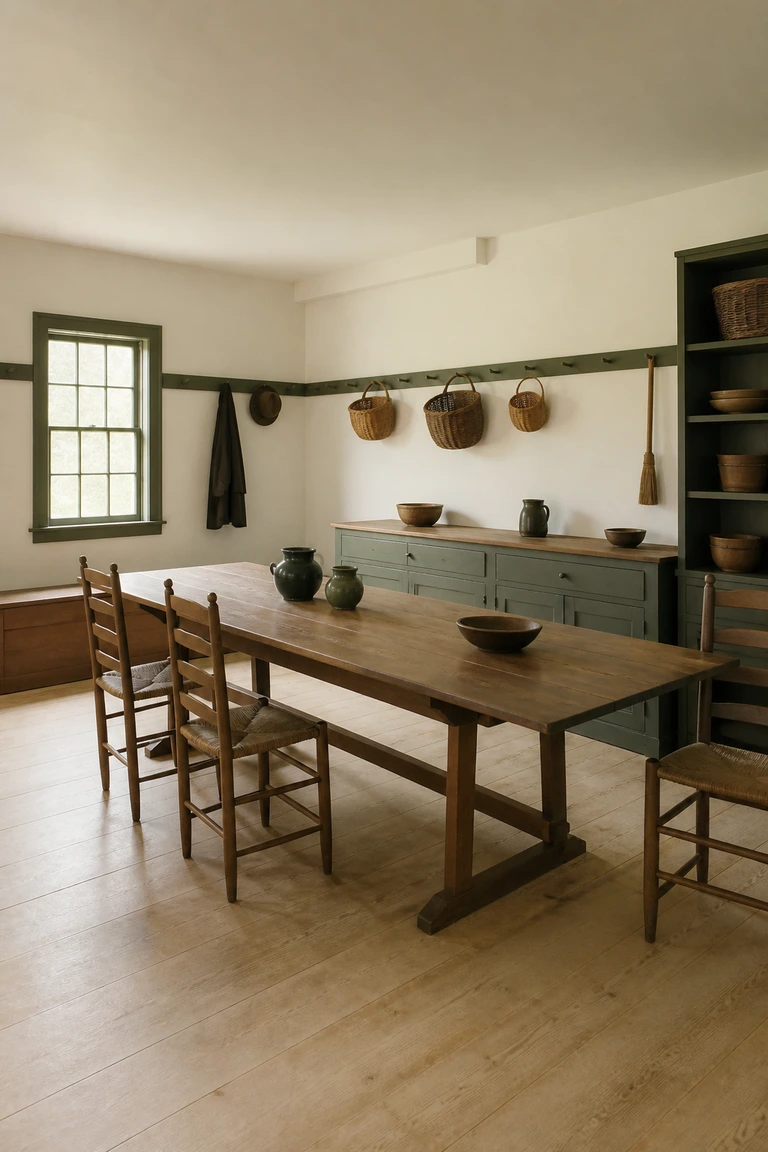 Spare Shaker dining room with a continuous peg rail, ladder-back chairs, trestle table, and pale timber.
