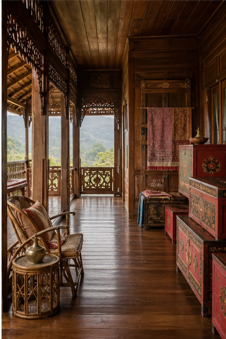 People-free photorealistic vertical Shan teak house in Myanmar with raised polished platform, deep carved veranda, shuttered room, low tables, lacquered red chests, woven textiles, rattan baskets, brass vessels, restrained shrine, and cool highland daylight.
