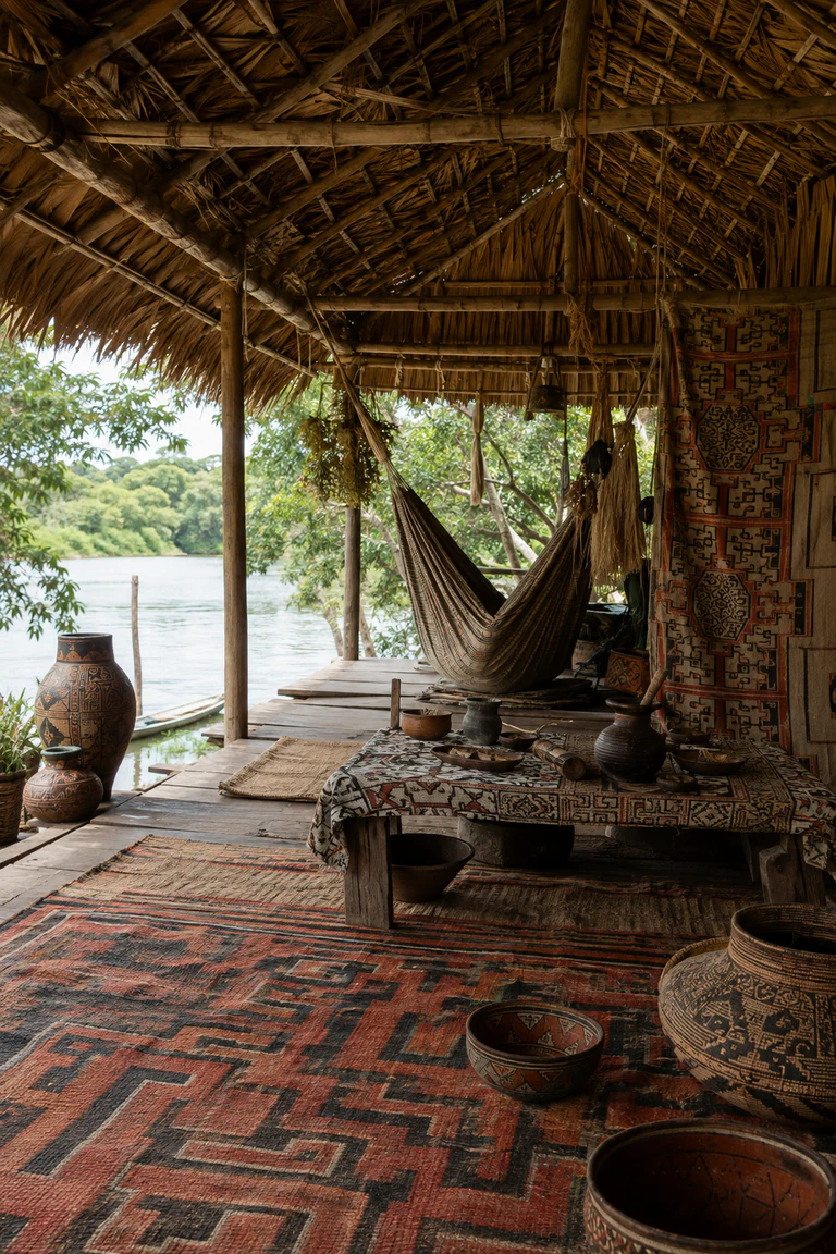 Photorealistic vertical Shipibo-Konibo home on the Ucayali River with an open-sided palm-thatch platform, hand-painted kené cloth and ceramics in black, ochre, and red, timber posts, hammocks, woven mats, low worktable, river vegetation, and humid daylight.