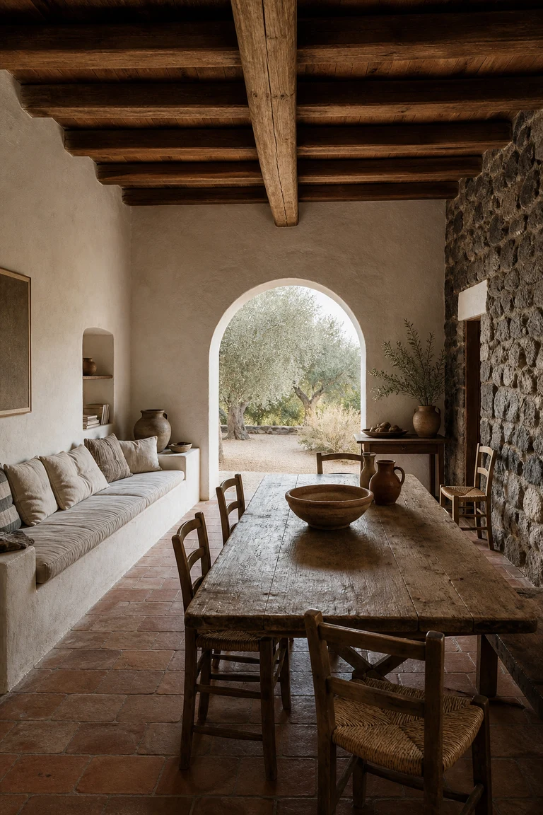 Sicilian rural room with chalky limewash, dark lava-stone hearth, terracotta floor, chestnut beams, a long worn dining table, woven chairs, pottery, and shuttered garden light.