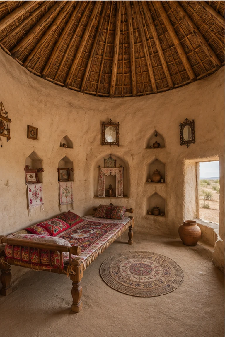 People-free photorealistic vertical Sindhi chaunro in the Thar Desert with circular clay-plastered walls, high conical grass roof, built-in niches, charpoy, embroidered textiles, small mirror accents, baskets, water jars, and softened desert doorway light.